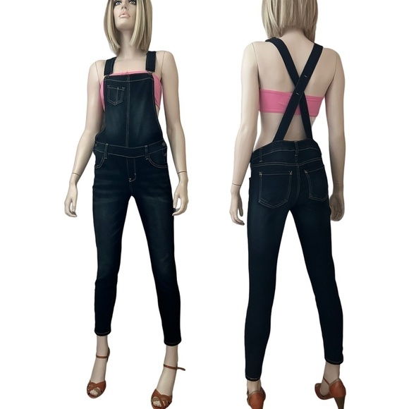Wallflower Denim Jeans Overalls Bib Strappy Dark Wash Indigo Skinny Leg Stretch - Picture 13 of 15
